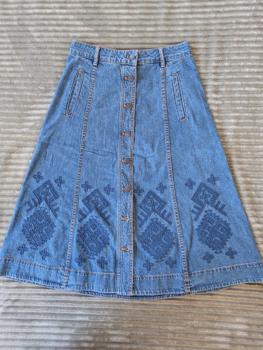 Johnny Was The Panel Denim Skirt Embroidered Button Front Size 27